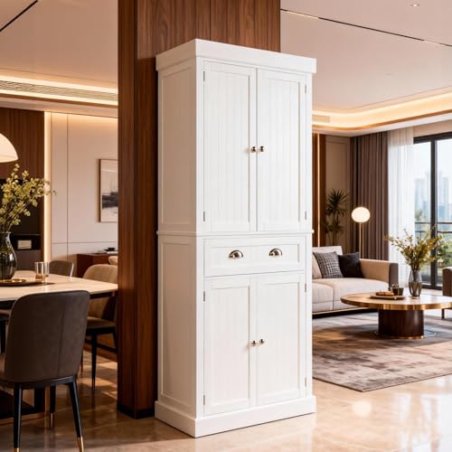 Image of VINGLI 71-Inch White Storage Cabinets with Drawers, Freestanding Pantry Cabinets with Doors and Shelves Adjustable, Wood Farmhouse Kitchen Pantry Cupboard