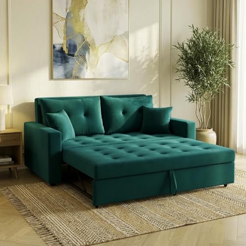 FURNY Tressa 2 Seater Fabric Pull-Out Sofa Cum Bed (Tealish Green) - Premium Velvet Finish - Durable Comfort - Ideal for Living Room