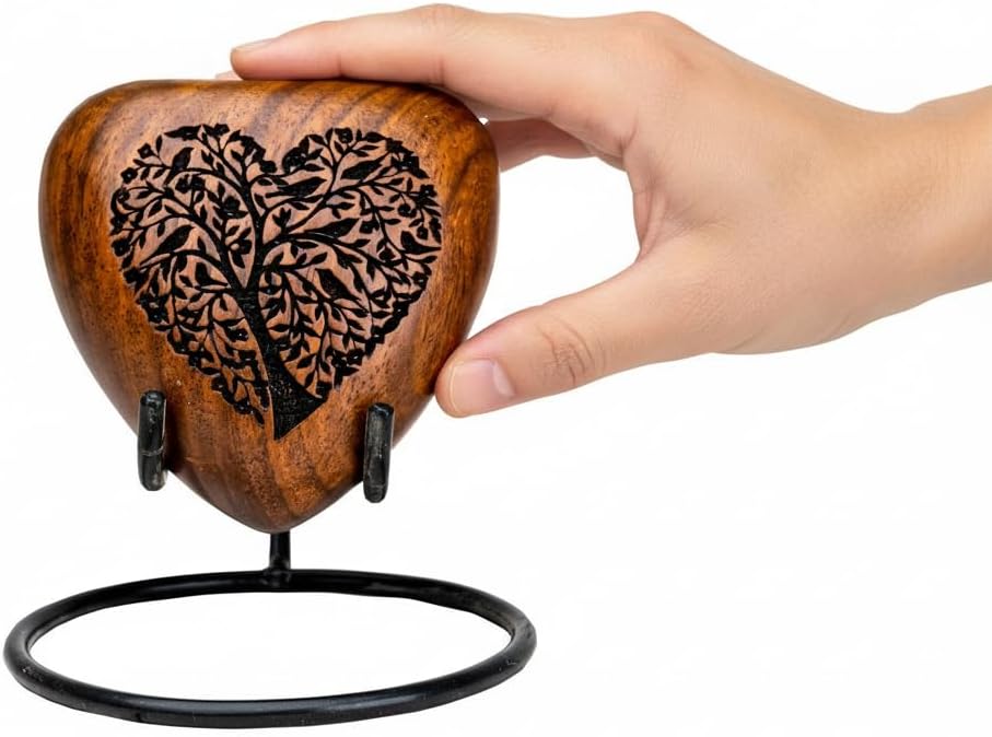 Mini Heart Urn for Human Ashes Adult – Wooden Cremation Keepsake Urn for Men & Women, Engraved Heart Design, 3 Cubic Inches
