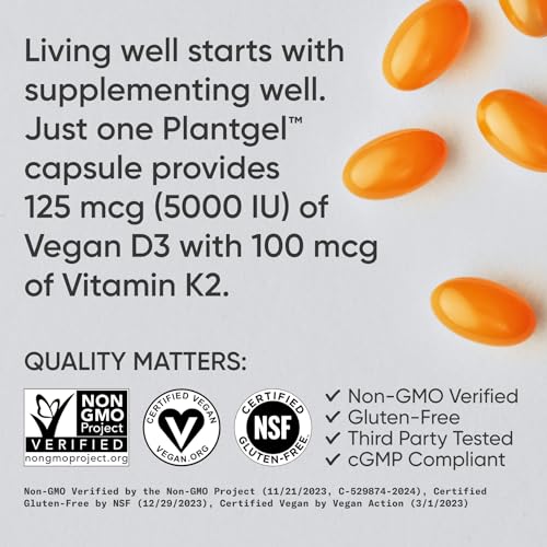 Sports Research Vegan Vitamin D3 + K2 Supplement with Organic Coconut Oil - 5000iu Vitamin D with 100mcg Mk7 Vitamin K - Supports Calcium for Stronger Bones & Immune Health - 30 Softgels for Adults - Image 5