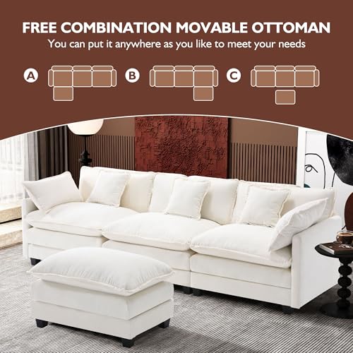 Image of Ihanherry 111.4 inch L Shaped Modern Sofa Modular Sectional Cloud Couch with Ottoman, 4-Seat Chenille Deep Seat Sofa with Pillow for Living Room, Bedroom and Apartment, Beige