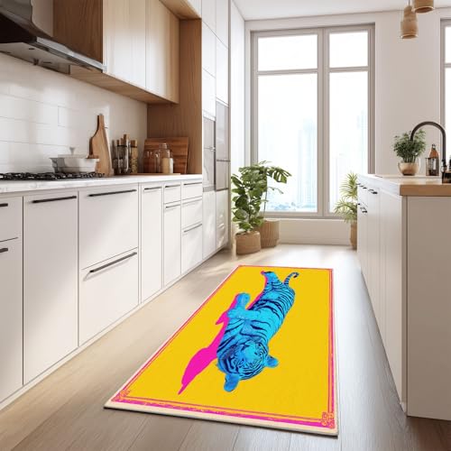 Alfombras de Pasillo Larga 60 x 150 cm Animales Tigre Patrón De Borde Alfombra de Pasillo de Lujo, Antideslizante, Suave, Lavable, Para Entradas, Pasillos, Dormitorio, Lavandería, Cocina, Amarillo