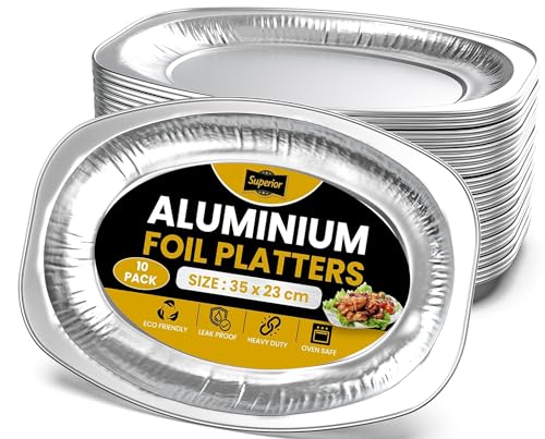 Superior Foil Serving Platters -10 Pack Serving Catering Platter, Oven and Freezer Safe-Aluminium Appetizer Servings Tray, Reusable Serving Platters for Parties, Buffets, BBQs, 35x23cm