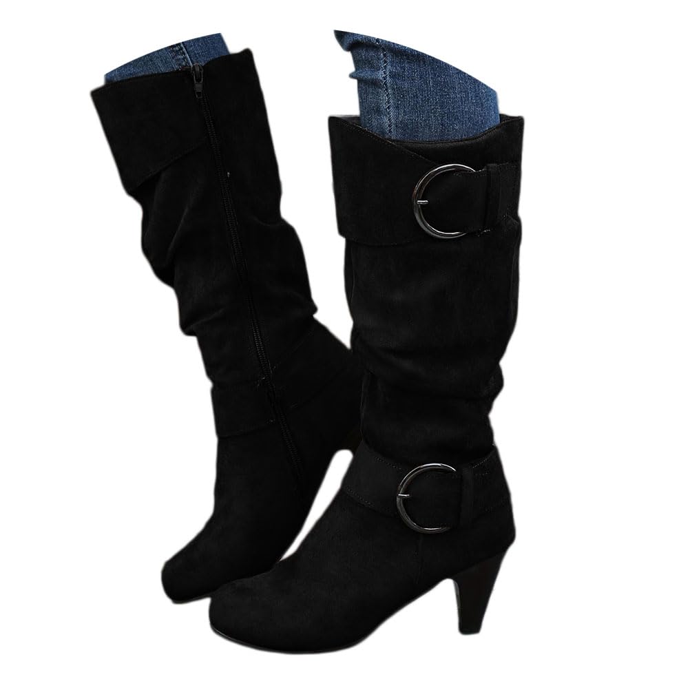 Onsoyours Stivali Alti Donna Stivaletti in Pelle Scamosciata Boots con Zip Stivali Lungo Stivaletti Eleganti Autunnali Invernali Tinta Unita con Tacco a Blocco