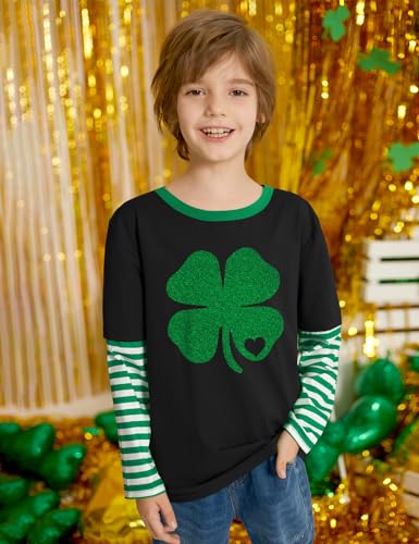 Image of Unisex Kid's St Patrick's Day Shamrock Top Striped Patchwork Irish Clover Long Sleeve Shirt 4-14 Years
