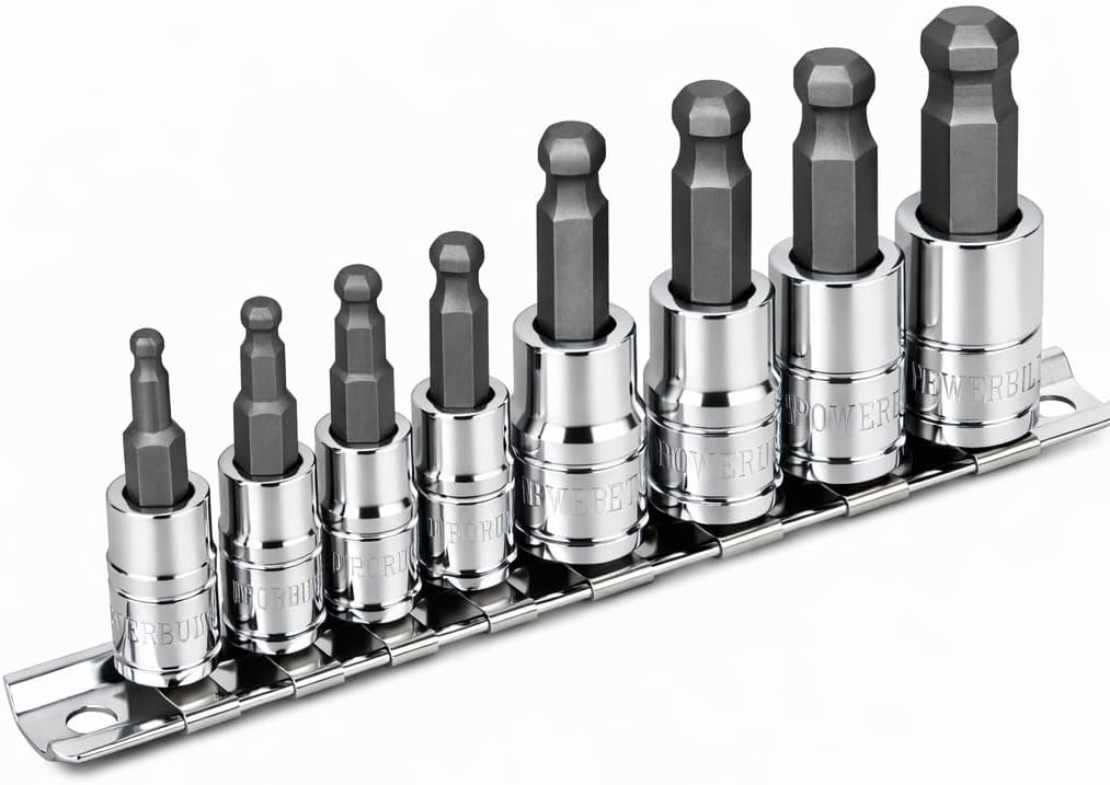 Powerbuilt 8 Piece Metric Wobble Ball Hex Bit Set, Sizes 3-10mm, Wobble design works at angles up to 25 Degree, S2 Bits and Chrome-Vanadium Sockets, Storage Rail - 642403