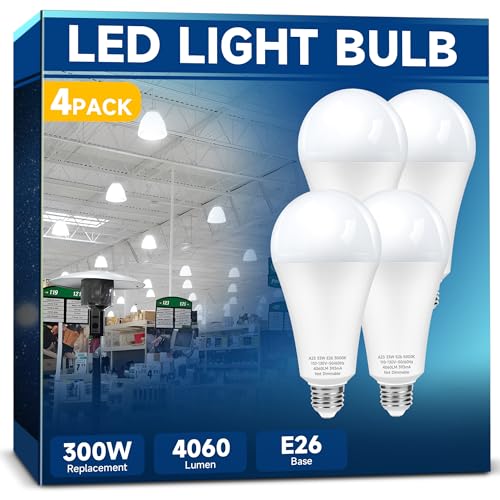 300W Equivalent LED Light Bulb, Super Bright 4060 Lumen 5000k Cool Daylight White A23 E26 Medium Base 33 Watt LED Bulb for Garage Warehouse Workshop Backyard Patio Street Supermarket, 4-Pack