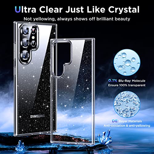 Humixx Clear Glitter For Samsung Galaxy S23 Ultra Case, [Never Yellow] [Mil-Grade Shockproof Protection] 2X Flexible Screen Protector + 2X Camera Protector Soft Slim Transparent Protective Case 6.8 #TOP1