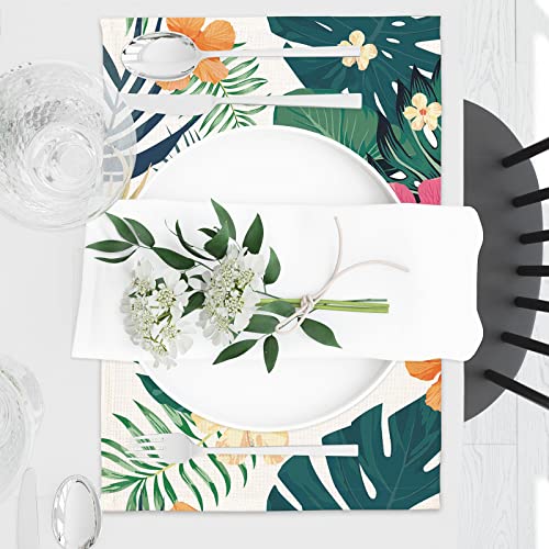 Tyanc Tropical Leaves Placemats Set Of 4, Nature Monstera Palm And Flowers Hibiscus Linen Placemat #TOP1