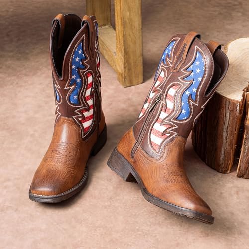 Jousen Cowboy Boots for Men Western Boot Side Zipper American Flag Retro Square Toe Mid-Calf Mens Boots(AMY8428 brown 09.5) — view 6