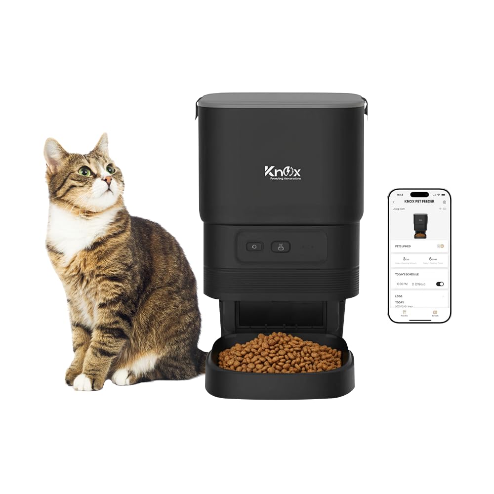 Knox 4L Automatic Pet Feeder for Cats & Dogs with WiFi Smart Control, Programmable Timer, Portion Control, Built-in Desiccant Box, Dual Power Supply Dry Food Dispenser with App Connectivity (Black)