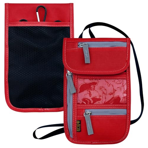 Travel Neck Wallet, RFID Blocking Passport Holder with Adjustable Neck Strap for Men and Women to Keep Cash, Credit Cards and Travel Documents Safe - Red