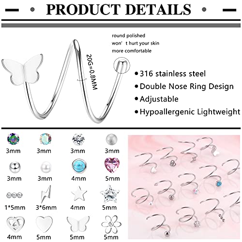 FASACCO 16Pcs Double Nose Ring Hoop for Single Piercing 20 Gauge Stainless Steel Nose Hoop Spiral Star Pearl CZ Butterfly Twist Nose Ring Hoops Double Hoop Earrings for Women4
