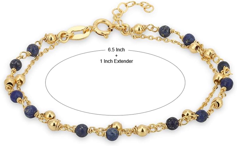 Vanbelle 18K Gold Plated Jewelry - Double Layered Beaded Chain Bracelet with Natural Lapis Stones - Beautifully Handcrafted for Women - 6.5" Long + 1" Extender - Image 4