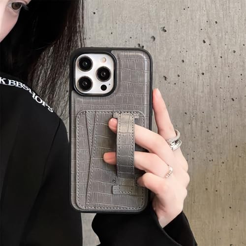 Coque antichoc iPhone 12 avec fente de carte et support vidéo en cuir gris