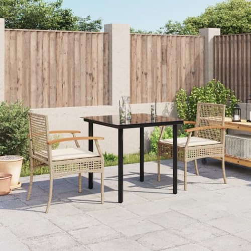 Brokky 3-TLG. Garten-Essgruppe mit Kissen Outdoor Furniture GartenmöBel Set Balkon Sitzgruppe Garten Essgruppe Beige Poly Rattan / 3213631