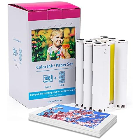 Replacement Canon Selphy CP1300 Ink and Paper KP-108IN 3115B001(AA) for Selphy CP1300 CP1200 CP1000 CP910 Series Photo Printers, 108 Sheets Paper (4 x 6 inch Postcard Size) / 3 Ink Cartridges Cover