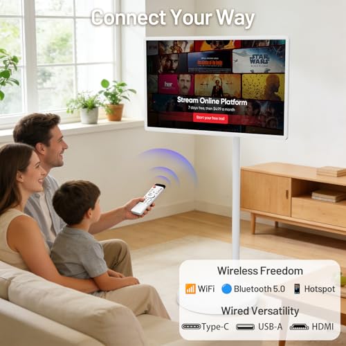 Image of KEFEYA 32 inch Portable Smart TV, FHD Touchscreen Rolling TV with Swivel Stand, Voice Remote, Android 15, 8GB RAM+128GB Storage, Built-in Battery (6-8Hrs), EDLA-Certified, 20W Stereo