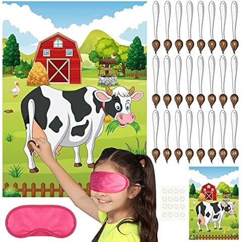 PLULON Pin The Tail on The Cow Farm Party Game Cow Game Poster mit 24 Stück Schwanzaufklebern für Farm Animal Home Wanddekorationen Birthday Party Game Supplies Cover