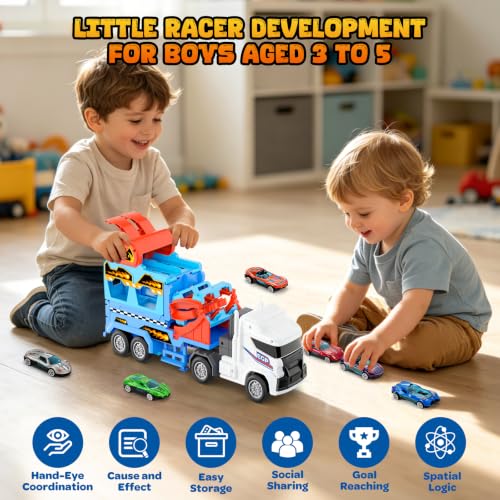 Toddler Race Track Car Carrier Truck Toy with 6 Cars for Boys Ages 3-5 — view 4