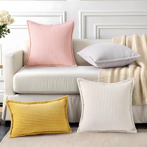 Mecatny Corduroy Throw Pillow Covers 18x18 Set of 2, Neutral Decorative Soft Boho Couch Pillow Covers with Broadside for Sofa Living Room, Pink