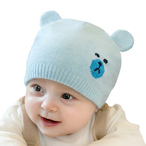(よキーよ)Yokeeyo ニット帽 毛糸 おクマさん 熊耳 新生児帽子 ベビー用帽 赤ちゃん キッズ 帽子 男の子 女の子 男女児 秋冬 防寒 防風 スタイリッシュ ライトブルー Free Size
