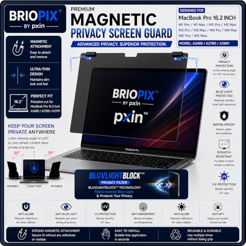 Image of Pxin Briopix Magnetic Privacy Screen compatible with 16 Inch Mac book Pro | Anti Blue | Anti Glare | UV (A /B /C) Block | Nano Privacy Filter