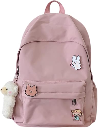 Linda mochila estética Kawaii para laptop con accesorios Pin colgante de felpa para adolescentes y estudiantes, Rosado, Kawaii