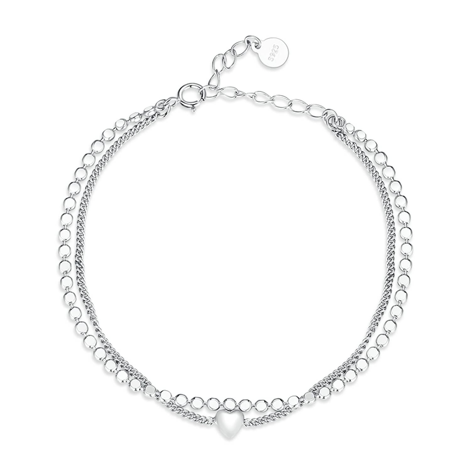 LYGBAOFUL Cadena de Doble Capa Pulsera con dijes de Amor S925 Joyería de Plata esterlina para Siempre Corazón Estrellas Cuentas Amistad Ajustable Pequeño Delicado Hecho a Mano