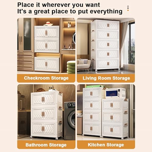 Image of AYSIS ๐ ๐๐๐๐ Plastic Wardrobe for Kids Clothes with Wheels | Multipurpose Collapsible Wardrobe Storage Almirah Wardrobe for Clothes, Kitchen Cupboard | Plastic Cupboard for Kids for Home - Ivory