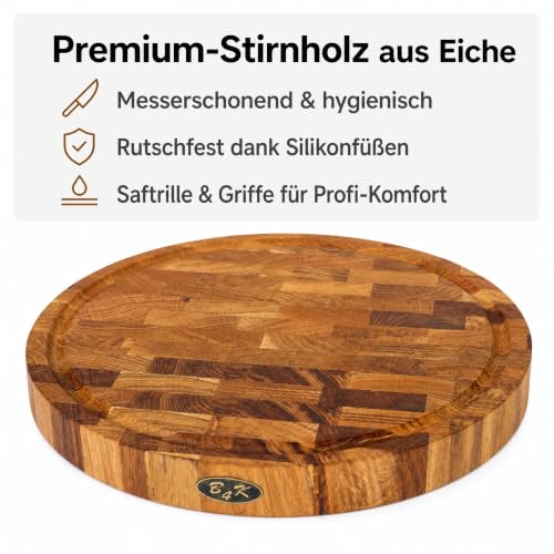 B4K® 35х35х4cm Küchenbrett aus Eiche Stirnholz | Antibakterielles Hirnholzbrett mit Griffen, Silikonfüßen und Saftrille… – Ansicht 2