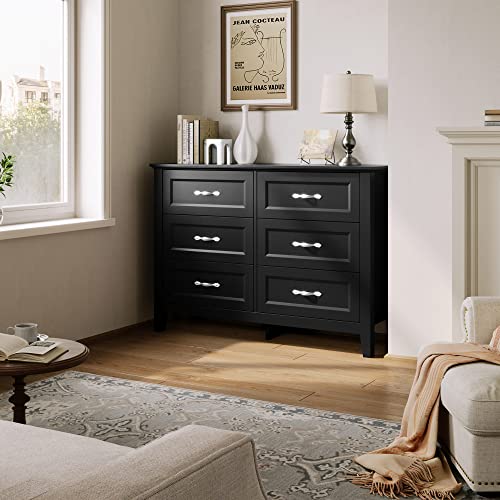 Linsy Home Black Dresser For Bedroom, Long Dresser With 6 Drawers, Wood Chest Of Drawers With Metal Handles, Ideal For Living Room, Entryway And Hallway #TOP2