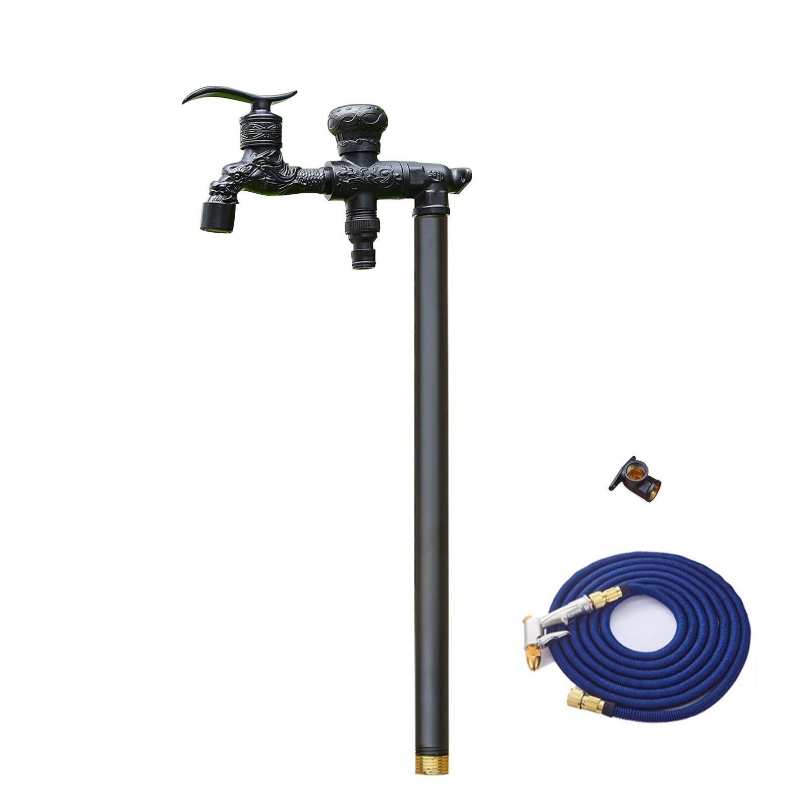 Columna de agua para exteriores, hidrante vertical de jardín de 35.4 pulgadas, dispensador de agua de doble salida con manguera de pistola de pulverización para riego de jardín y cuidado del césped