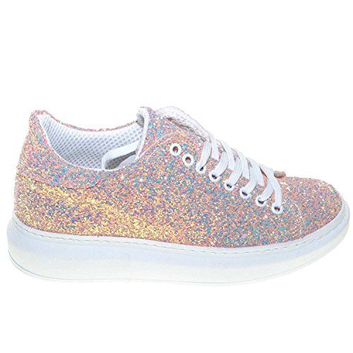 Kvinnors Låg Glitter Sneakers Rosa Äkta Läder Hög Bakgrund Vit Reflekterande Ice Comfort Line Grundläggande Trendig, Rosa, 37 EU