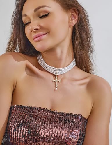 WOWORAMA Gothic Pearl Cross Necklace for Women Layered Pearl Strand Necklaces Vintage Punk Goth Cross Pearls Choker Necklaces Halloween Christmas Gothic Jewelry