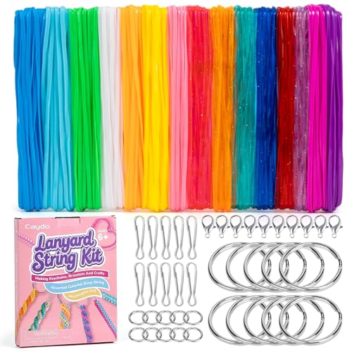 Caydo Plastic Lanyard String Kit 15 Colors 2 Style Plastic String Boondoggle String Kits with 40Pcs Key Chain Accessories and Instruction Gimp String for Crafts Keychain Bracelet Jewelry