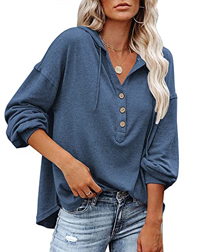 PLOKNRD Automne Chemise Henley à Manches Longues pour Femme Léger avec Cordon M,Bleu Marin Cover