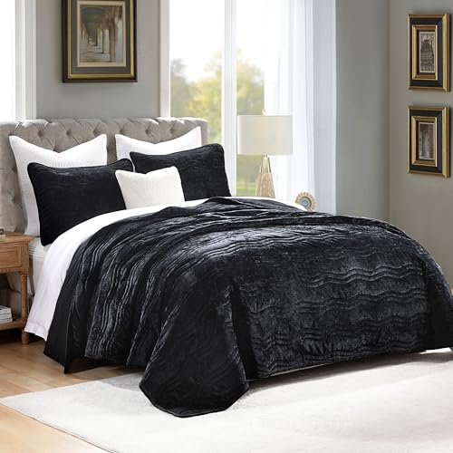 Image of Luxury Velvet Queen Comforter Set, Black Queen Size Comforter Sets, Black Queen Quilt Bedding Set, Luxurious Plush Bedspreaqd Sets, Soft Lightweight Quilts Queen Size for All Season