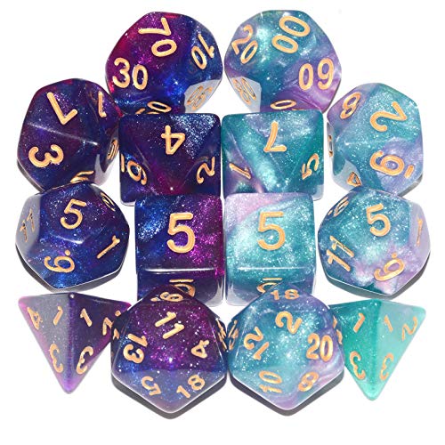 Galaxy DND Dice 2 X 7Sets, 14Pieces Glitter Sparkle Cosmic Mixed Polyhedral DND Dice for RPG MTG Table Game Dice