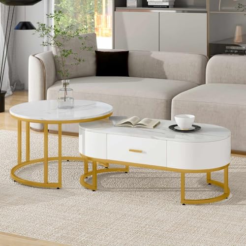 KOMHTOM Weißer Couchtisch mit goldenen Beinen, geräumiger marmorierter Beistelltisch mit Einer Schublade, wohnzimmertisch mit stauraum für Wohnzimmer Schlafzimmer(C)