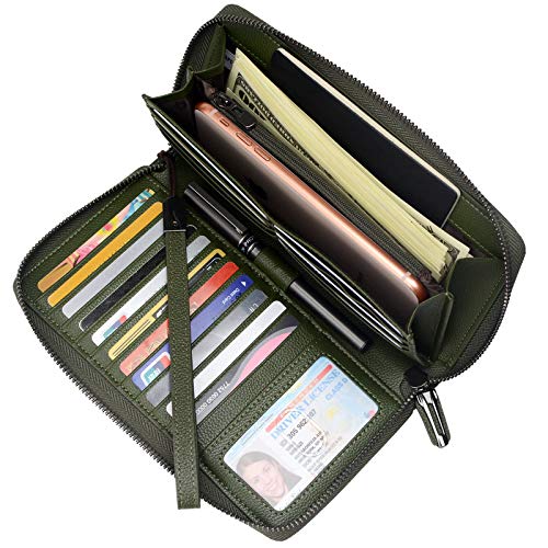 Bveyzi Women Rfid Blocking Wallet Leather Zip Around Phone Clutch Large Capacity Ladies Travel Purse Wristlet (Olive Green) #TOP2