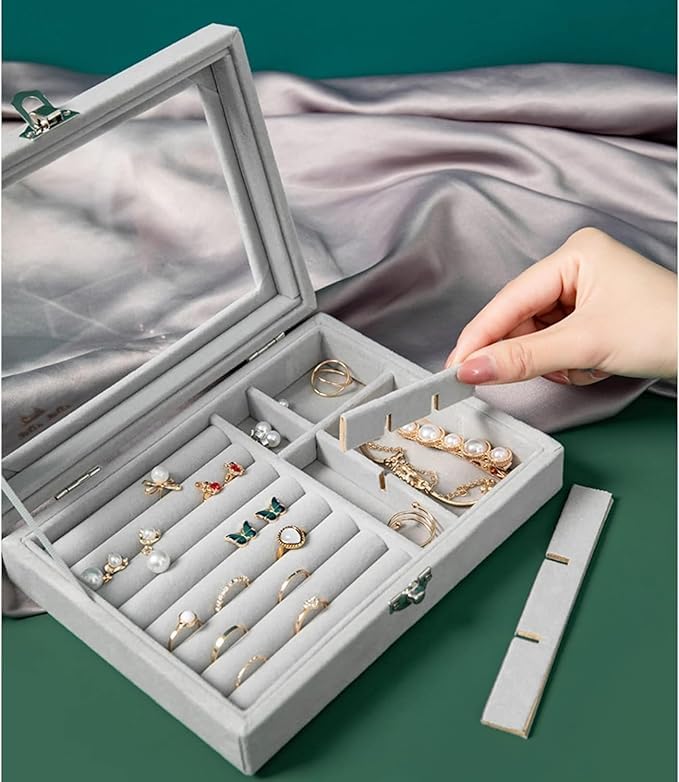Image of Velvet Jewellry Drawer Organizer Stackable Tray (Grey, Ring+Grid Box)