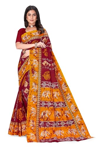 TAMAIRA FASHION Sari Mulmul de algodón puro estampado Batik para mujer sin pieza de blusa (11499_Parent), Rojo, talla única
