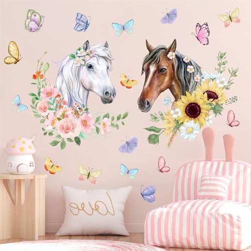 Image of Horses Wall Decals Farm Animal Stickers Peel and Stick Decals Wild Horse Decor for Baby Girls Bedroom Butterfly Flower Wall Stickers Floral Art Mural for Living Room Kids Nursery Farmhouse Decor Gift