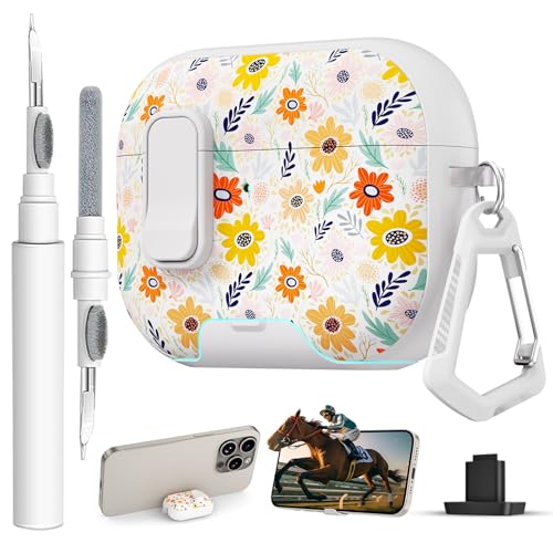 Image of for AirPods Pro 3 Case with Lock & Phone Stand,Cute Floral Pattern Style | PC & TPU Dual Layer Protective Cover with Keychain & Cleaner Pen for Apple AirPod Pro 3rd Generation Women(Bin Chrysanthemum)