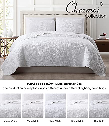 Chezmoi Collection Frederick 3-Piece Lightweight Cooling Quilt Set - Bamboo Fiber Medallion Embroidery Quilted Coverlet Set (King, White) #TOP5