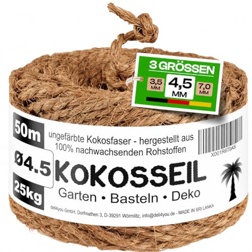deli4you Kokosseil 4.5 mm x 50 m - Gartenseil Kokosschnur ungefärbt upcycling Kokosseile Baumbinder Band Pflanzenbinder Kokosstrick Gräser zusammenbinden