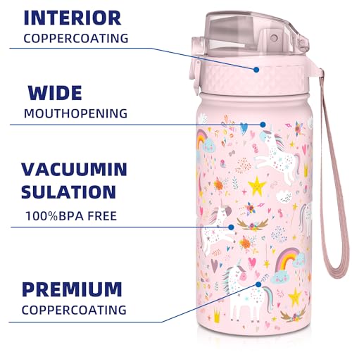 GOPPUS 420ml/14oz Kids Insulated Water Bottle with Straw Cute Double Wall Stainless Steel Child's Small Flask Vacuum Insulated Steel Metal Leak Proof Drink Flask Boys Toddler Girls Bottles BPA-Free - Image 4