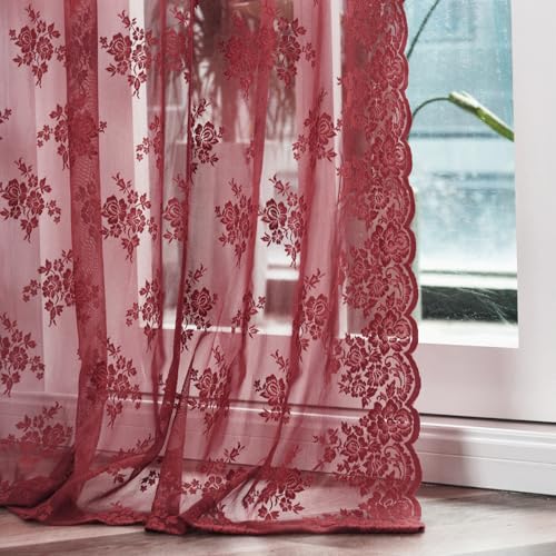 Kotile Burgundy Sheer Curtains 63 Inch Length 2 Panels Rustic