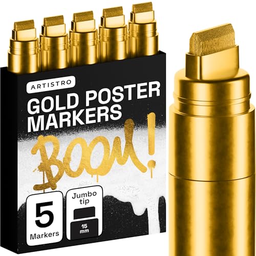 Image of ARTISTRO 5 Gold Paint Pen for Rock, Glass, Ceramic, Wood, Tire, Fabric, Metal, Canvas, Marking, Painting - Set of 5 Acrylic Paint Markers Water-based - Jumbo Tip